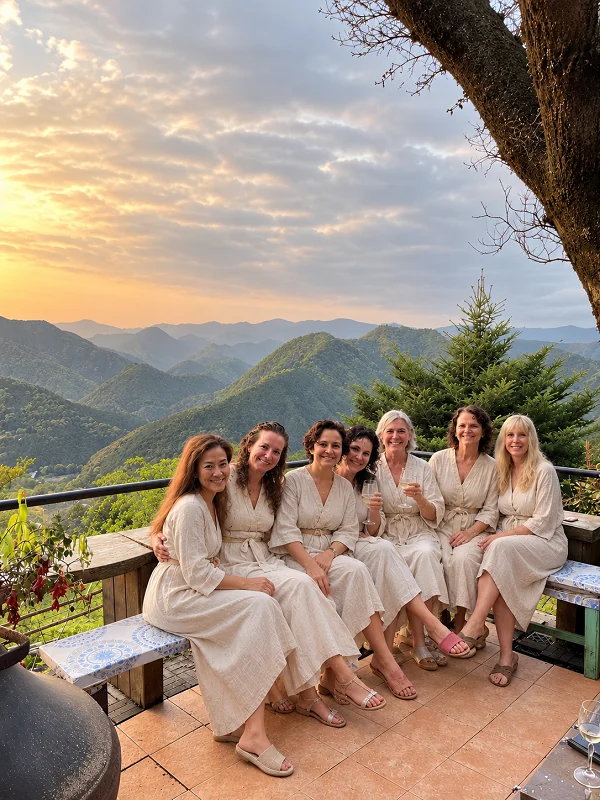 Women relaxing together at a sunset mountain overlook