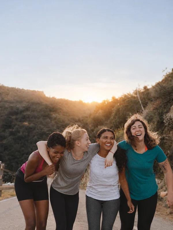 Women laughing together on a sunlit trail